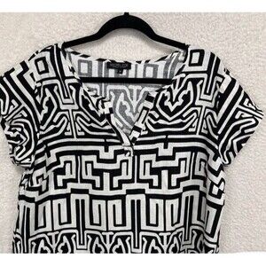 Rachel Zoe Linen Cotton Blend 1X Black White Aztec Geometric Print Womens Blouse